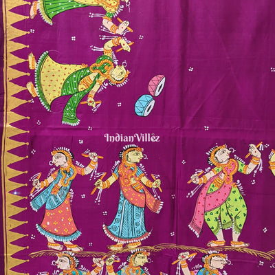 Purple Dandiya Raas Theme Hand-painted Pattachitra Saree