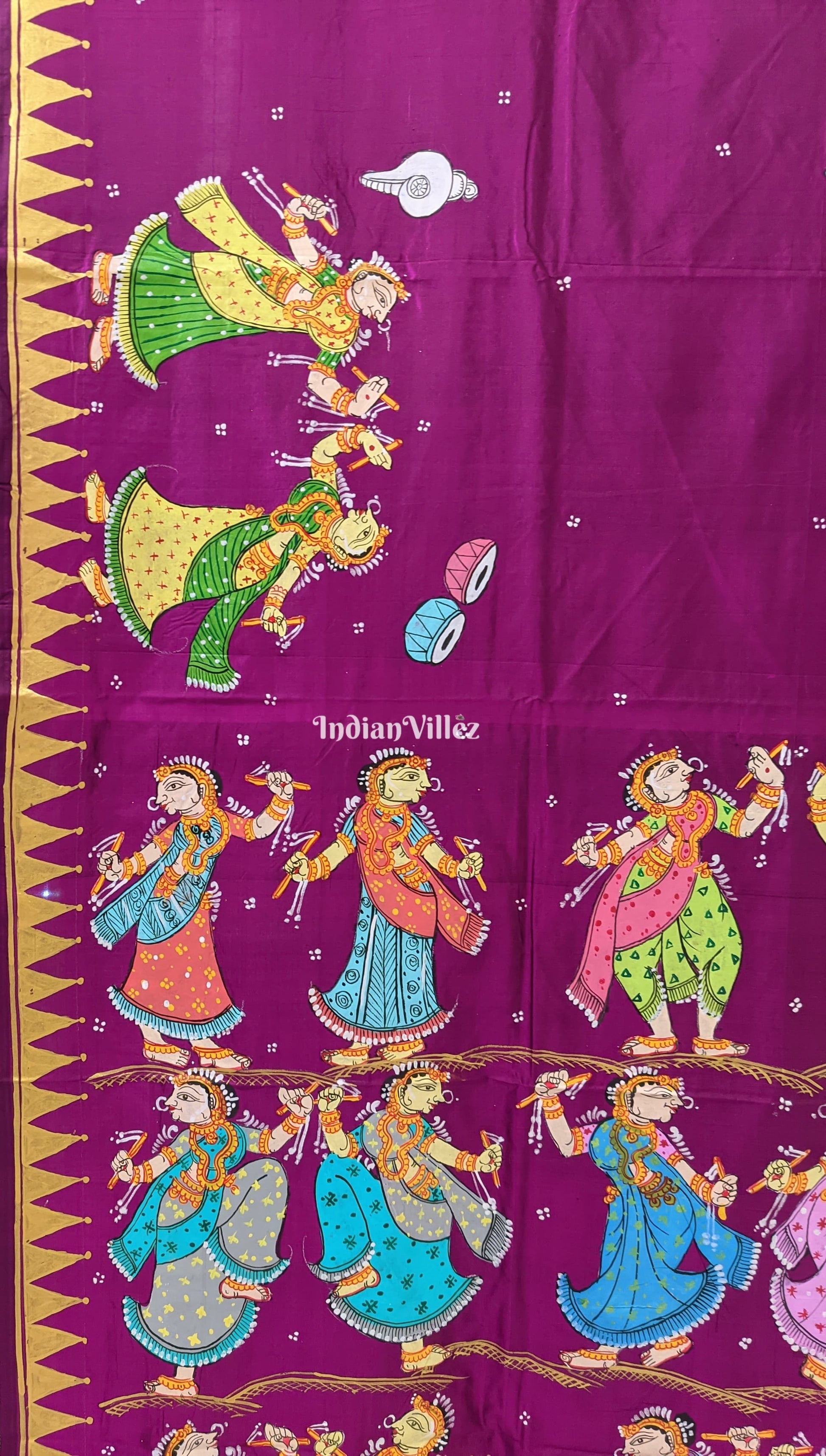 Purple Dandiya Raas Theme Hand-painted Pattachitra Saree