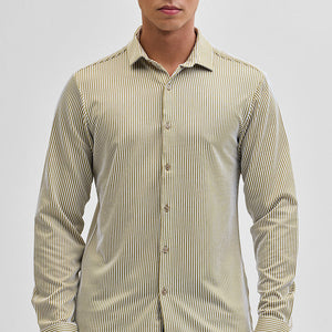 Beige Stripes Slim Fit Stretch Shirt