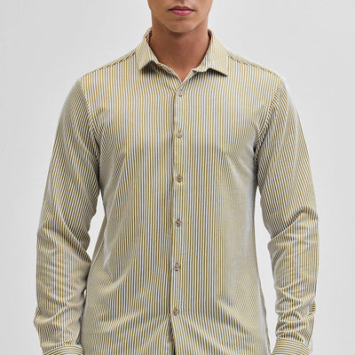 Beige Stripes Slim Fit Stretch Shirt