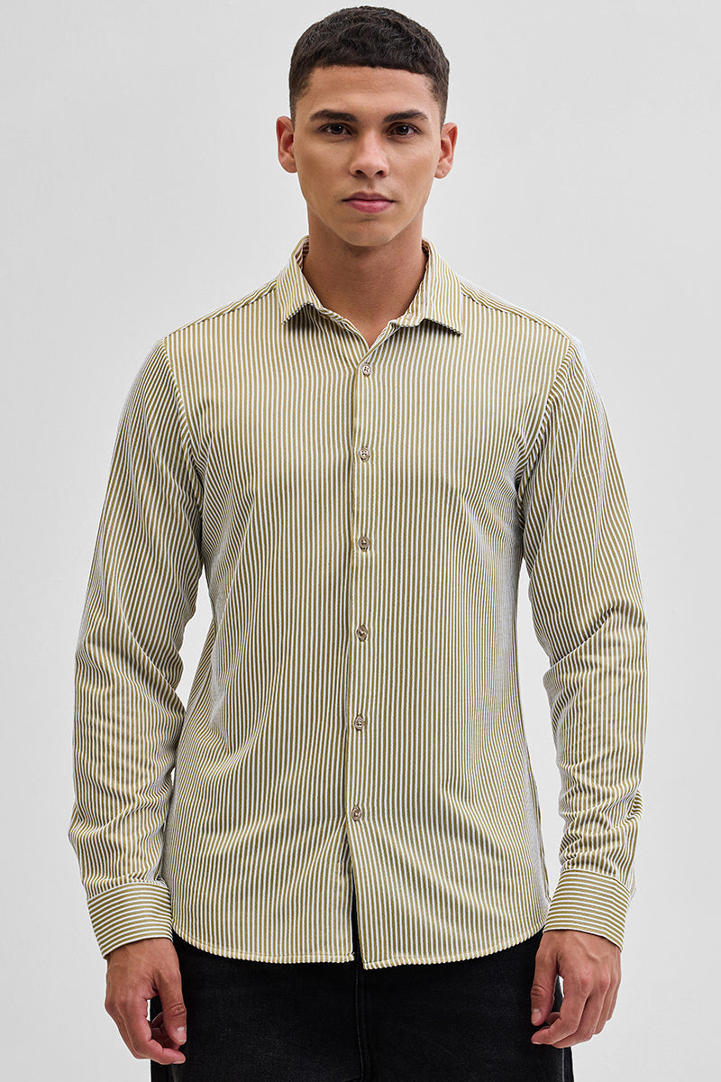 Beige Stripes Slim Fit Stretch Shirt