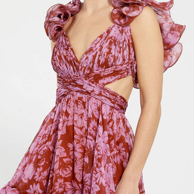 Mac Duggal 68644 A Line Floral Print Tea Length Formal Dress