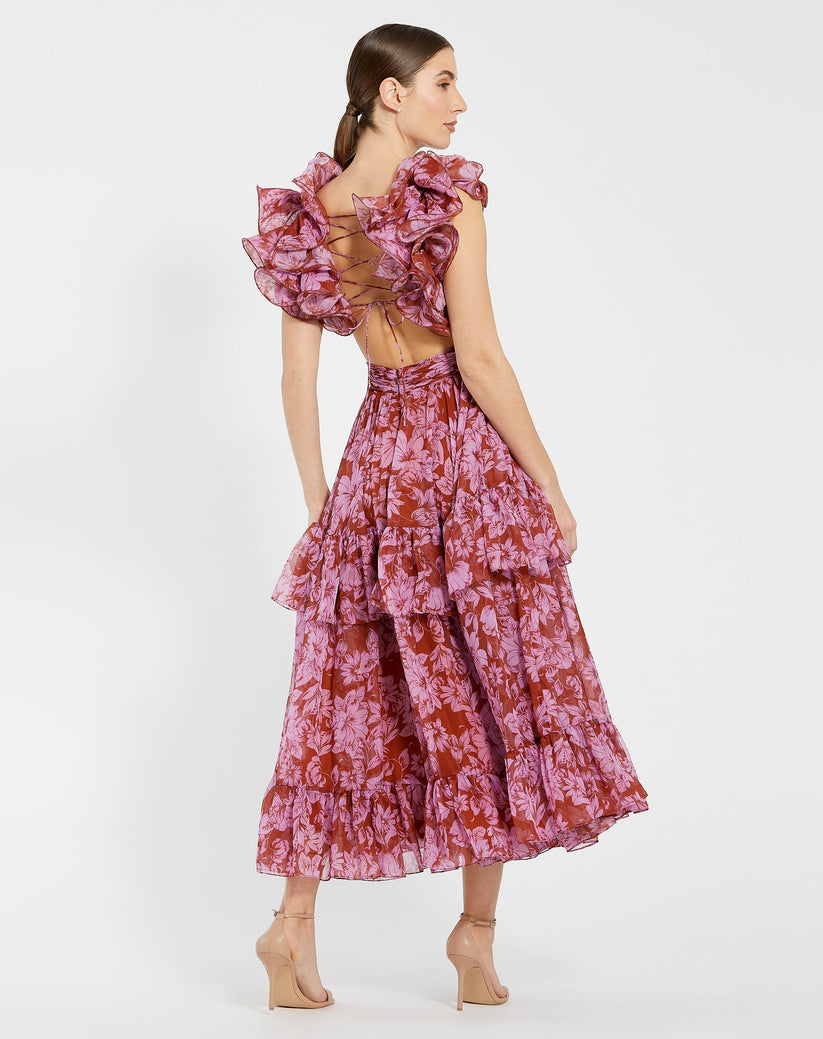 Mac Duggal 68644 A Line Floral Print Tea Length Formal Dress