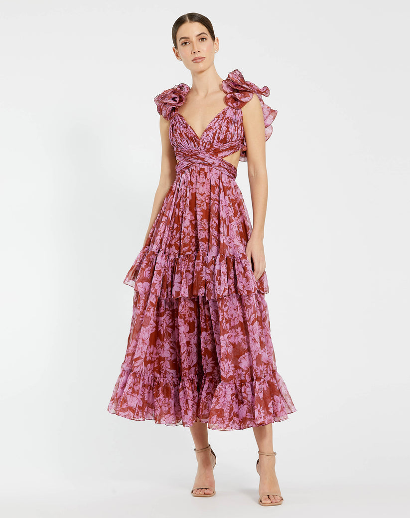 Mac Duggal 68644 A Line Floral Print Tea Length Formal Dress