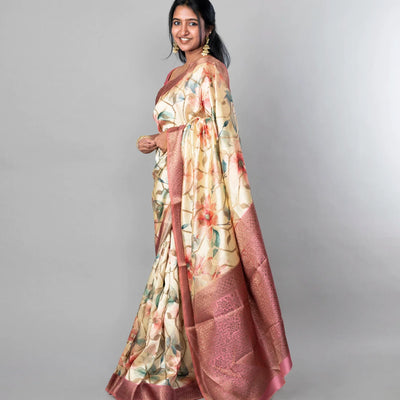 Cream Woven Dola Synthetic Saree With Printed Floral Motifs