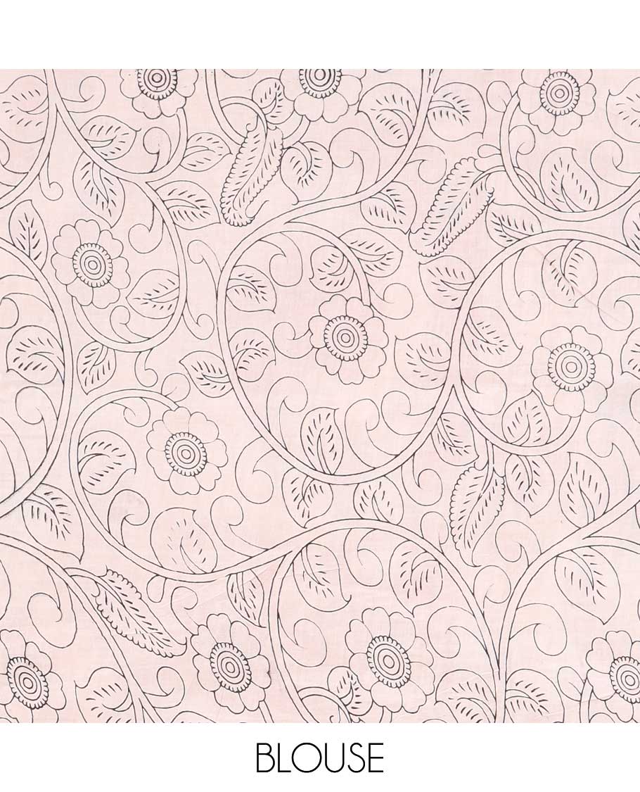 Brown floral & peacock machine-printed kalamkari cotton saree, contrast floral border & animal motifs pallu