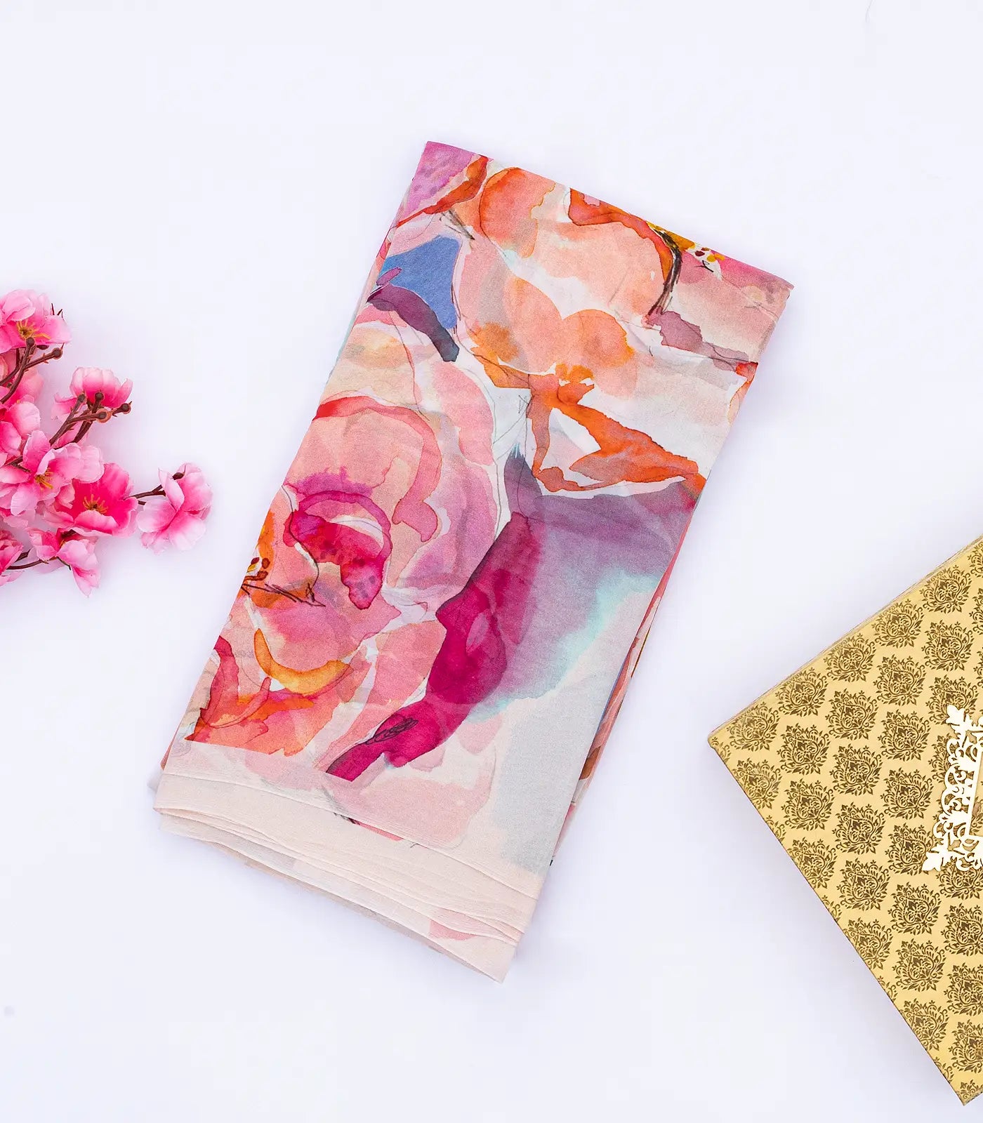 Cream Georgette Silk Saree Printed With Floral Motifs