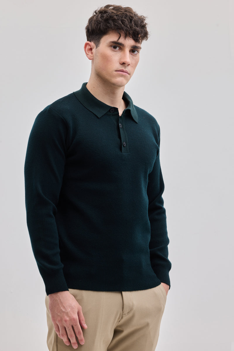 Dark Green Knitted Polo Sweater