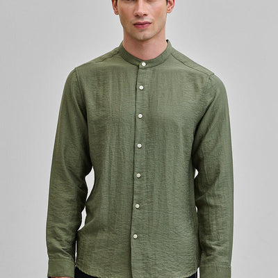 Olive Mandarin Linen Blend Shirt