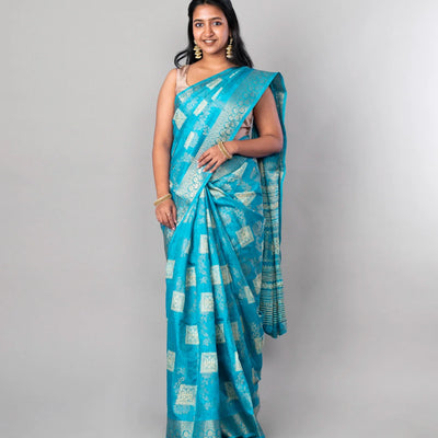 Sky Blue Woven Dola Synthetic Saree With Floral Motifs