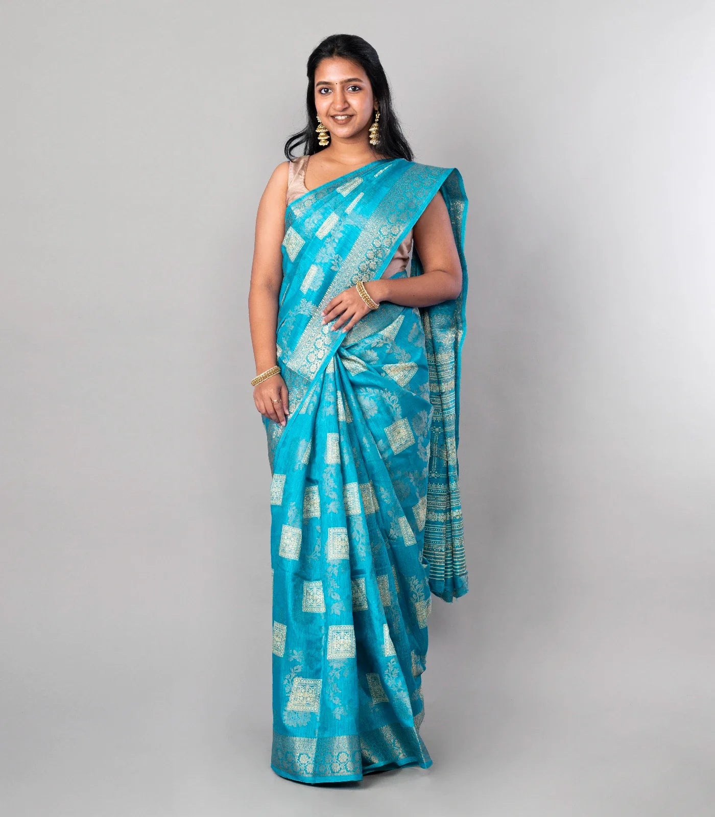 Sky Blue Woven Dola Synthetic Saree With Floral Motifs