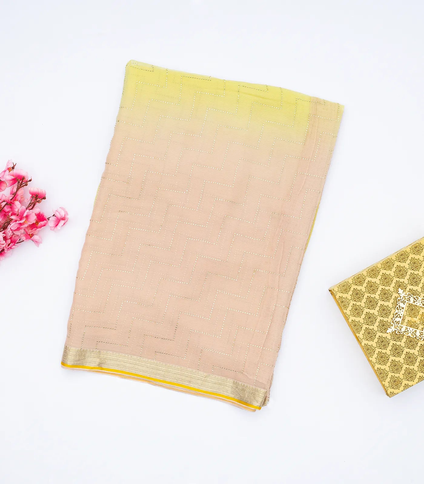 Light Peach Banarasi Georgette Saree With Chevron Motifs