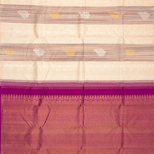 Cream Handloom Kanchipuram Silk Saree With Floral Motifs & Stripes