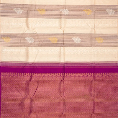 Cream Handloom Kanchipuram Silk Saree With Floral Motifs & Stripes