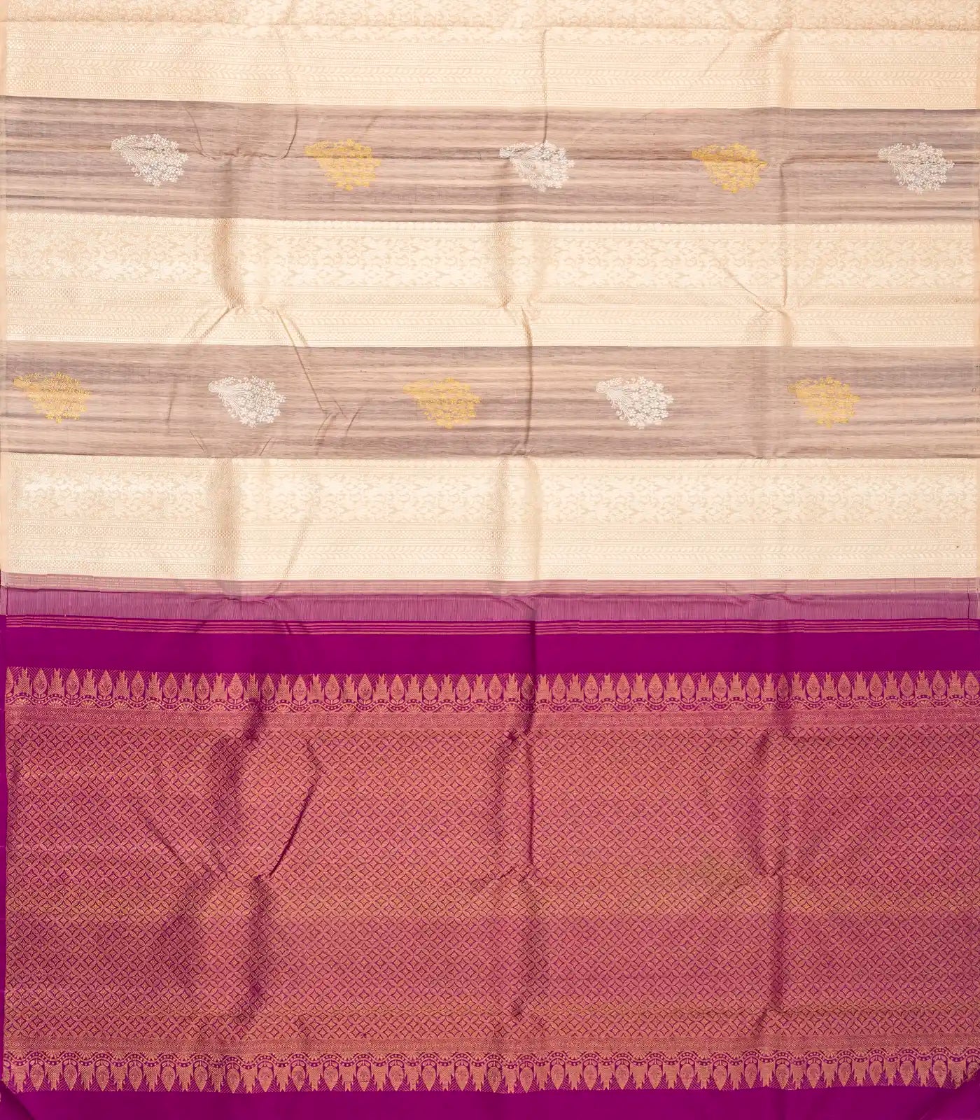 Cream Handloom Kanchipuram Silk Saree With Floral Motifs & Stripes