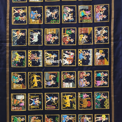 Navy Blue & Parrot Green Radha Krishna Village Theme Pattachitra Saree