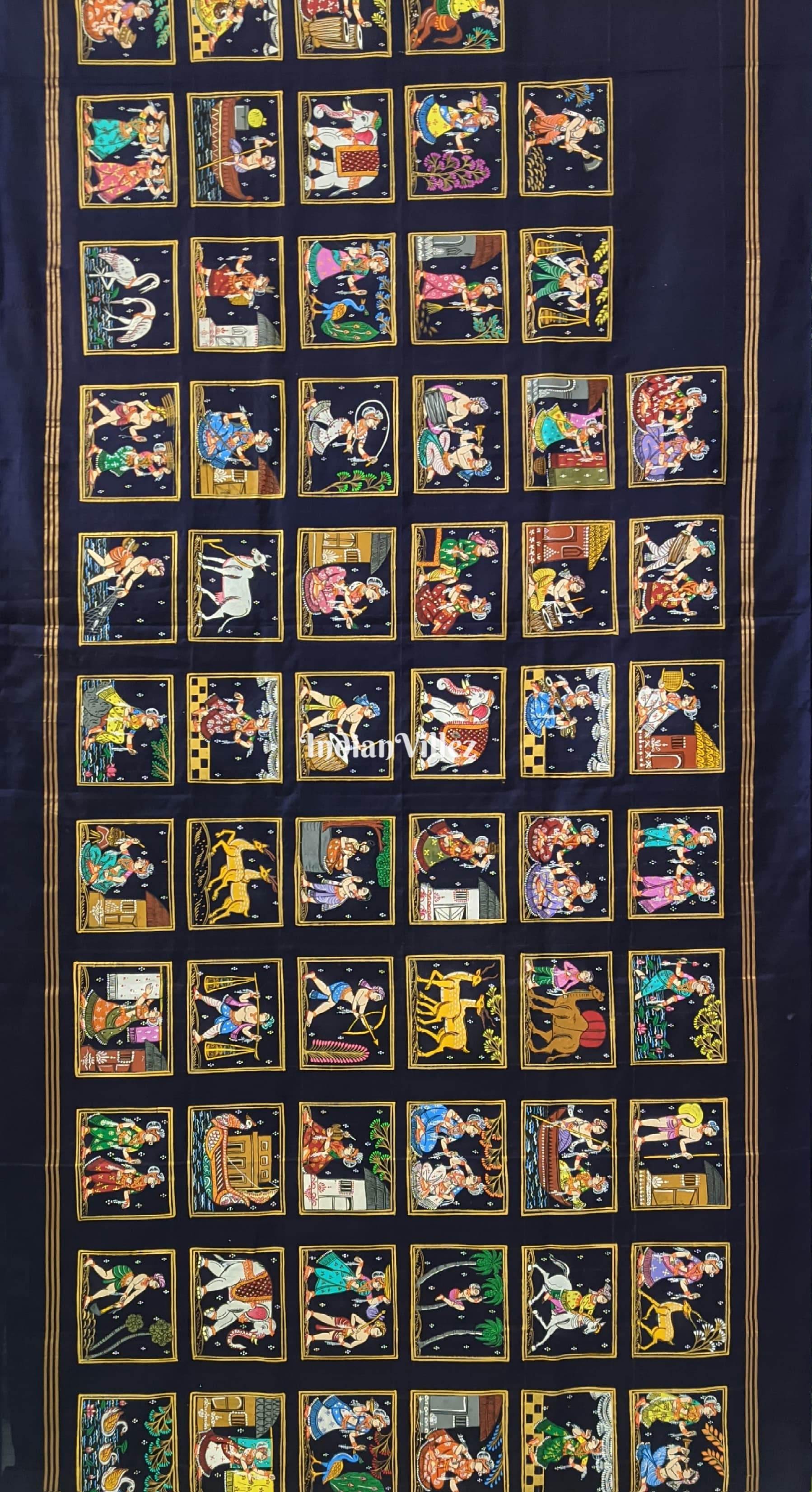 Navy Blue & Parrot Green Radha Krishna Village Theme Pattachitra Saree