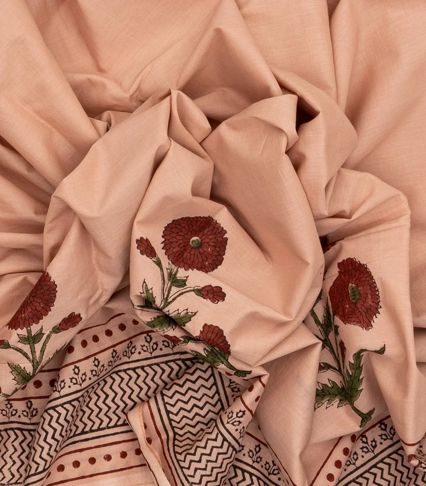 Light Peach Woven Jaipur Cotton Saree Printed With Floral Motifs