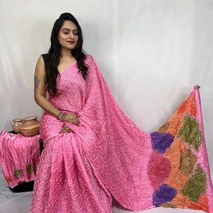 Pure Modal Silk Barik Bandhej Lagdi Pallu Bandhani Saree