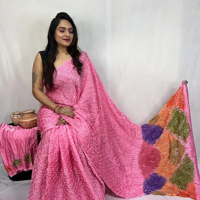 Pure Modal Silk Barik Bandhej Lagdi Pallu Bandhani Saree
