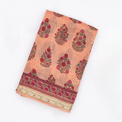 Peach  Handloom Chanderi Cotton Saree With Printed Floral Motifs