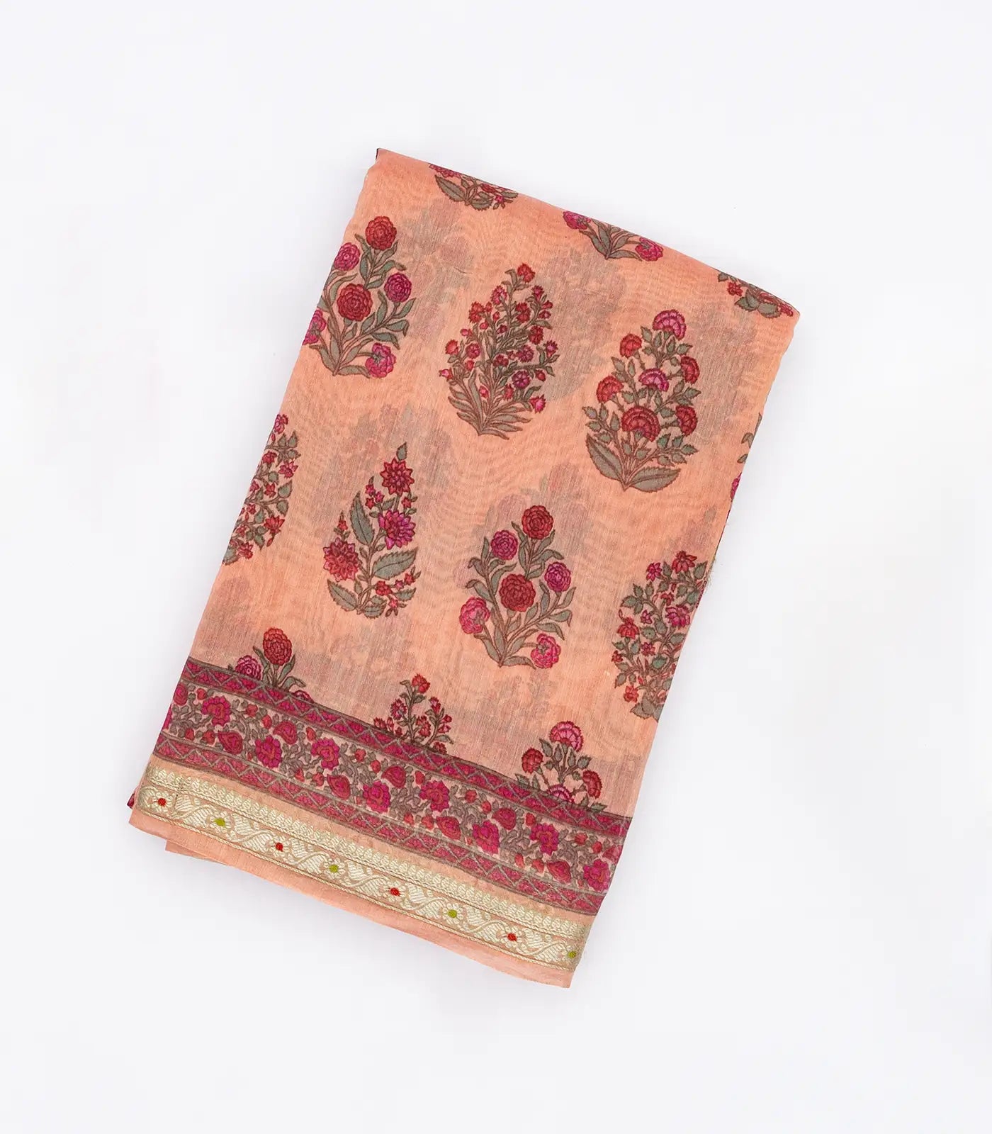 Peach  Handloom Chanderi Cotton Saree With Printed Floral Motifs