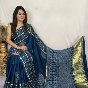 Modal Silk Original Hand Blocked Ajrakh work Lagdi Pallu Saree