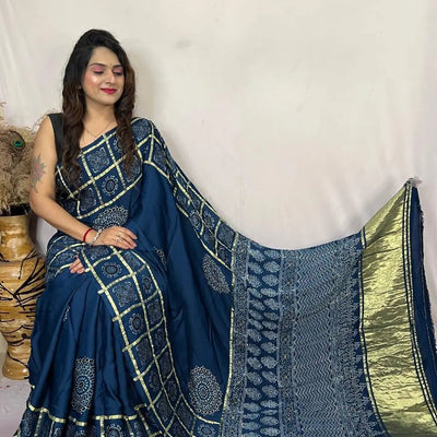 Modal Silk Original Hand Blocked Ajrakh work Lagdi Pallu Saree