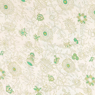Green intricately machine-printed kalamkari cotton saree, self-border & contrast pallu of floral print