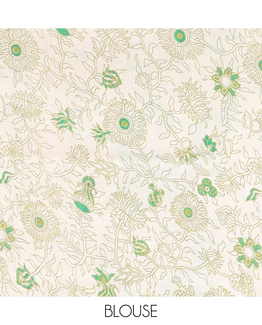 Green intricately machine-printed kalamkari cotton saree, self-border & contrast pallu of floral print