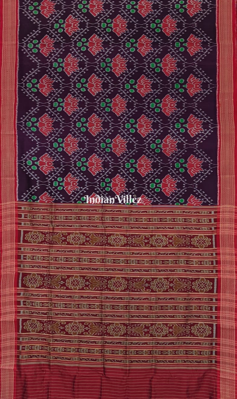 Dark Magenta Lotus Design Odisha Ikat Khandua Silk Saree