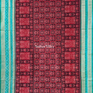 Wine Pine Green Lotus & Kalas Sambalpuri Silk Saree with Fish Motif in Border