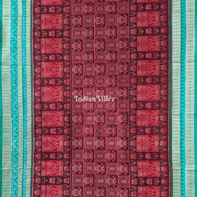 Wine Pine Green Lotus & Kalas Sambalpuri Silk Saree with Fish Motif in Border
