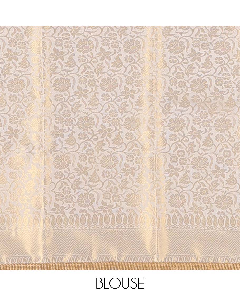 Mustard geometric design semi-banaras tissue silk saree with fringe border & floral vine design pallu