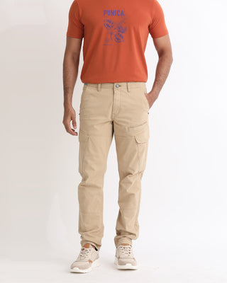 Rare Rabbit Men's Cidar Beige Mid-Rise Regular Fit Cargo Style Stretch Trouser