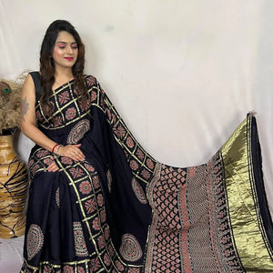 Modal Silk Original Hand Blocked Ajrakh work Lagdi Pallu Saree