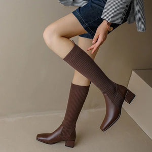 Lia Knee High Trendy Sock Leather Boots