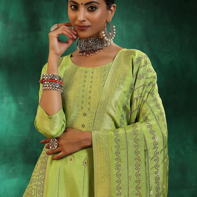 Green Woven Design Silk Blend Straight Suit With Dupatta