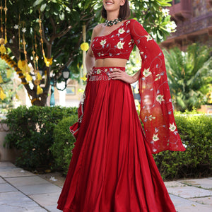 Rutvi Red Handpainted Satin Lehenga Set