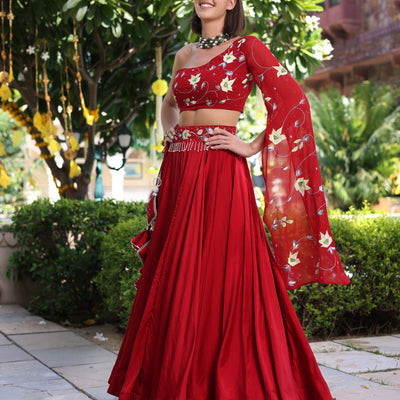 Rutvi Red Handpainted Satin Lehenga Set