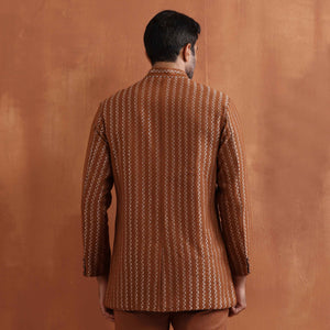 trueBrowns Men's Brown Cotton Dobby Long Jacket