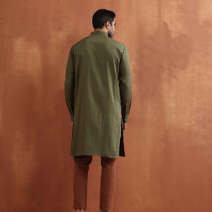 trueBrowns Men's Olive Green Cotton Front Open Kurta