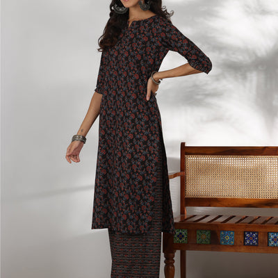 Black Printed Cotton Straight Suit With Dupatta