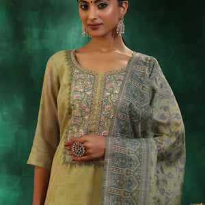 Green Yoke Design Silk Blend Straight Suit With Dupatta