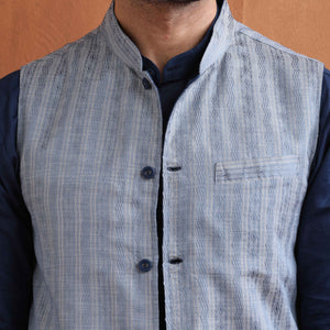 trueBrowns Men's Blue Chanderi Reversible Nehru Jacket