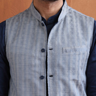 trueBrowns Men's Blue Chanderi Reversible Nehru Jacket