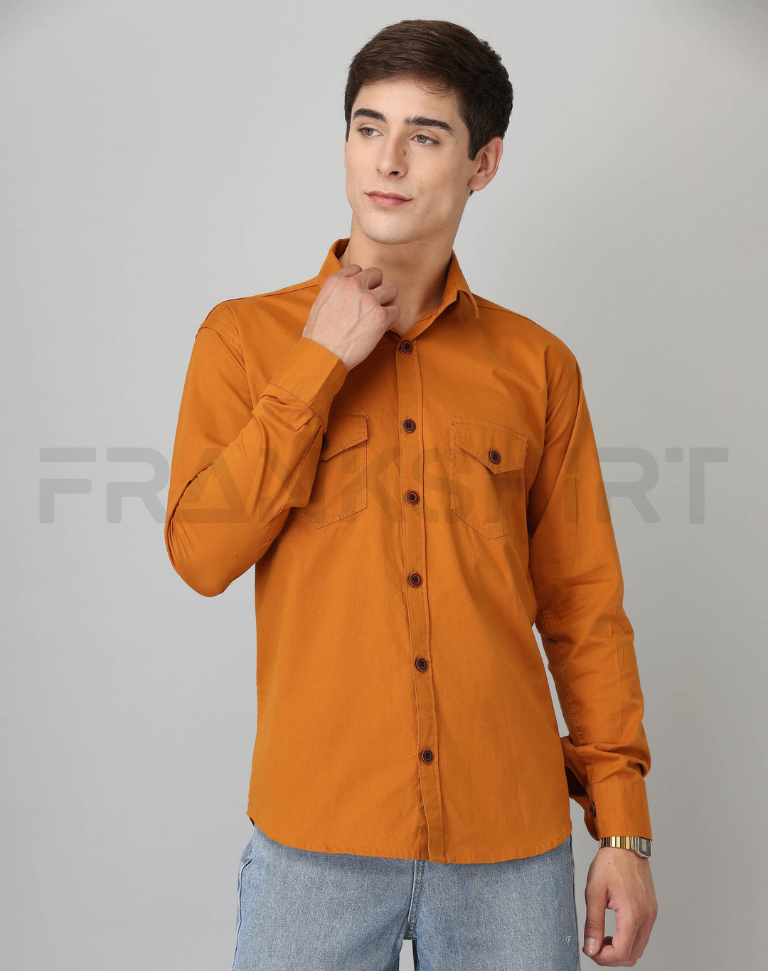 Frankshirt Double Pocket Mustard Solid Tailored Fit Cotton Casual Shirt for Man