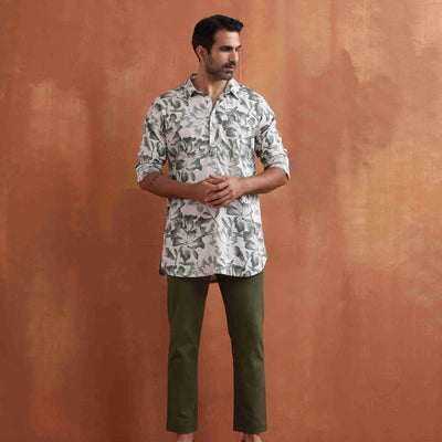 trueBrowns Men's Off White Printed Short Kurta