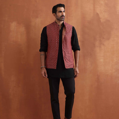trueBrowns Men's Rust Cotton Dobby Nehru Jacket