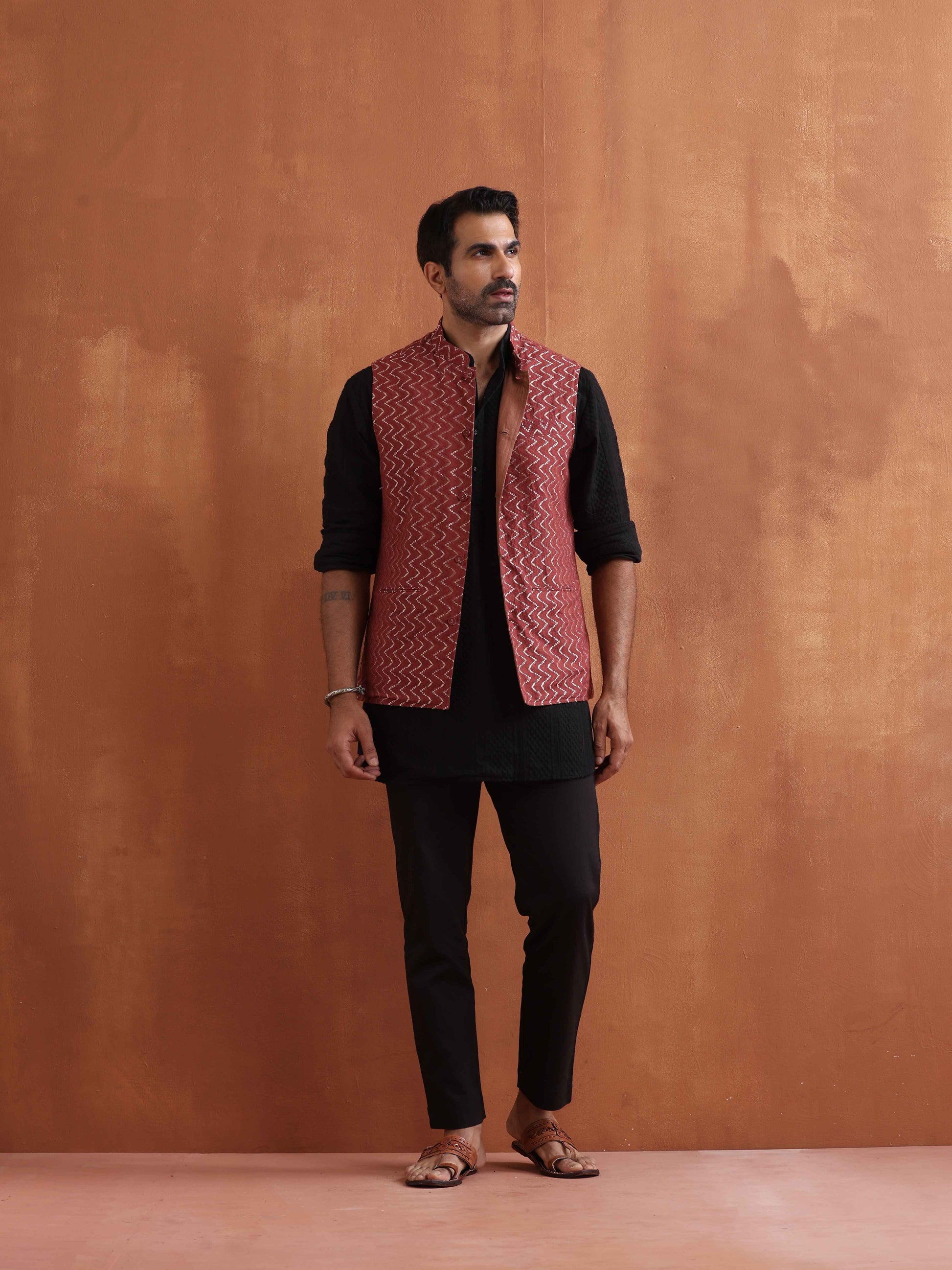 trueBrowns Men's Rust Cotton Dobby Nehru Jacket